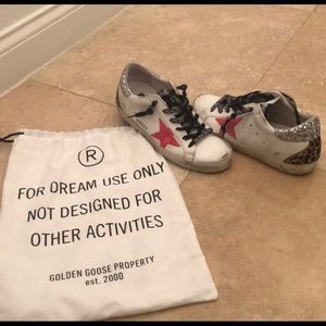 Golden Goose Superstar White Leather/Silver Glitter/Leopard Heel sz 38
